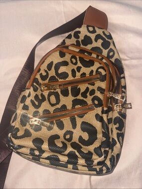 Leopard Print Crossbody Sling Bag in Tan and Black by